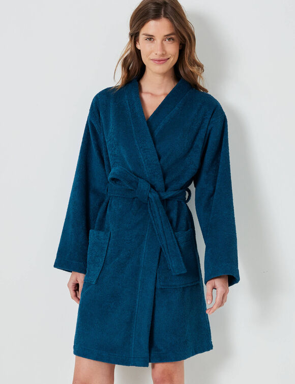 Peignoir court adulte col kimono éponge bouclette (bleu paon) Peignoir court adulte col kimono éponge bouclette (bleu paon)